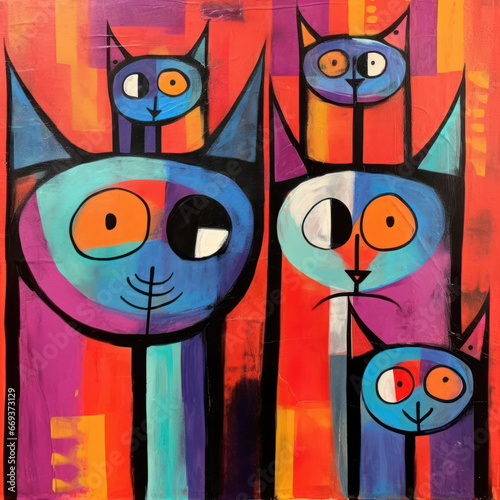 Cats Acrylic warm tones collage Geometric shapes 