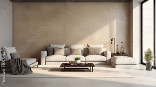 a modern living room scene featuring a lamp and a couch, in the style of concrete, metallic texture, minimalist backgrounds