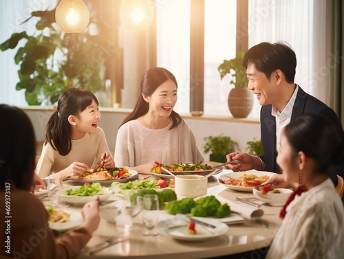 Happy asian family  having easter dinner together to celebrate christmas Thanksgiving lunch. holiday in cozy home