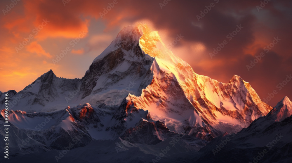 A rocky mountain peak, with snow-capped peaks stretching into the sky The sun is setting, and the sky is a mix of brilliant oranges and pinks