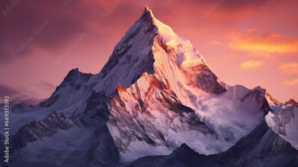 A rocky mountain peak, with snow-capped peaks stretching into the sky The sun is setting, and the sky is a mix of brilliant oranges and pinks A rocky mountain peak, with snow-capped peaks stretching into the sky The sun is setting, and the sky is a mix of brilliant oranges and pinks