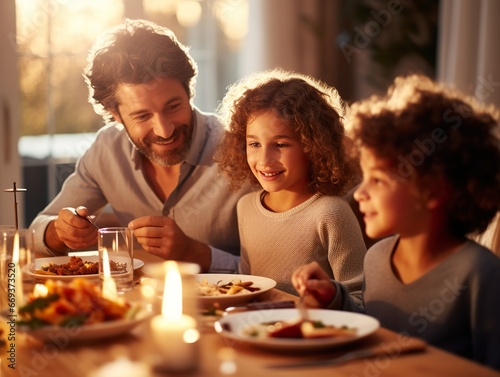 Happy family  having easter dinner together to celebrate christmas Thanksgiving holiday in cozy home