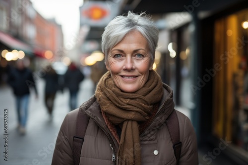 Portrait of senior woman in scarf walking in city. Focus on woman