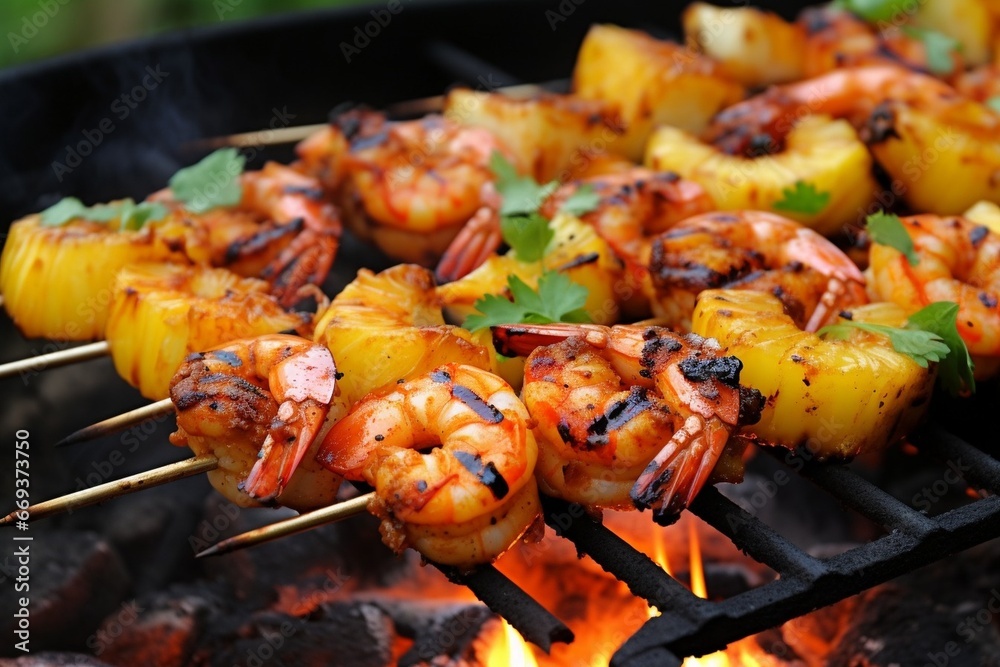 Generative AI : Skewers of grilled shrimp, pineapple and red onion on a baking tray