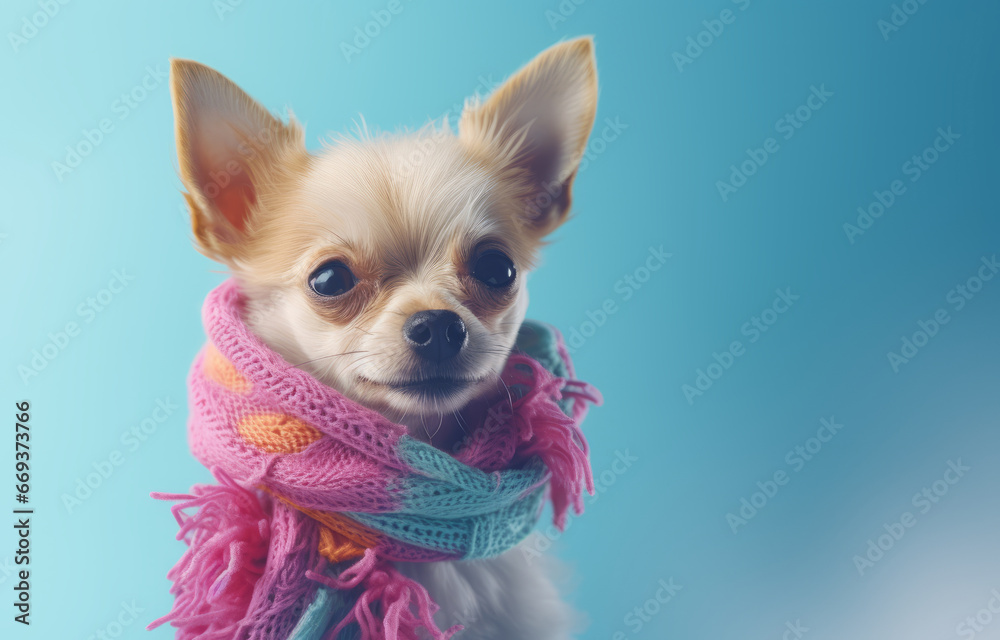 Cute puppy wearing colorful winter scarf in the autumn sunshine. Festive autumn and winter concept
