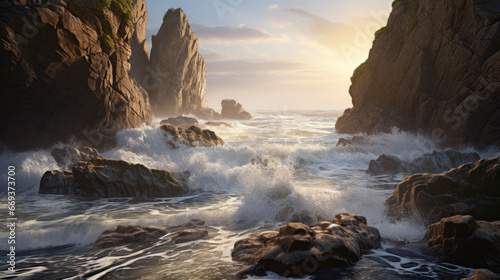 A rocky coastline, with jagged cliffs and a few small, secluded coves The waves crash against the shore, and seagulls soar above
