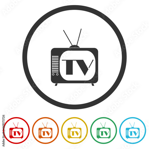 TV logo. Set icons in color circle buttons
