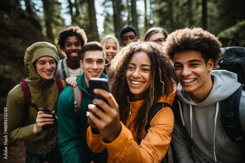 Generative AI : group of young people hiking and taking a moment to take a selfie with a smart phone photo