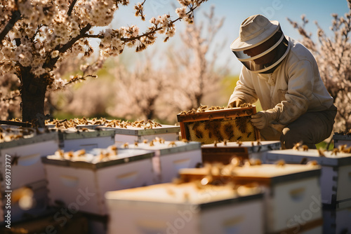 Beekeeping Bliss. Beekeeper Tending to Hives in a Blossoming Orchard