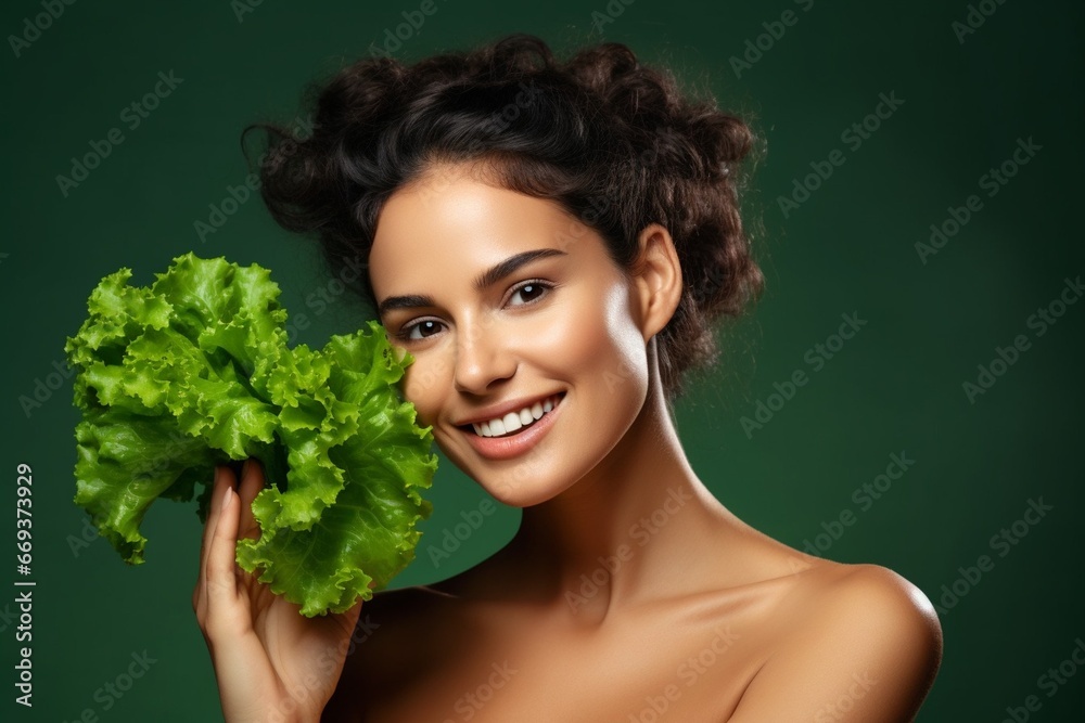 Generative AI : Woman with perfect skin holding green lettuce near her face Generative AI : Woman with perfect skin holding green lettuce near her face
