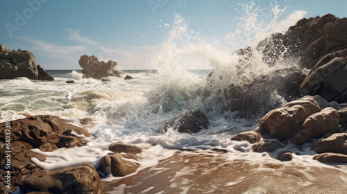 A rocky beach with waves crashing against the shore