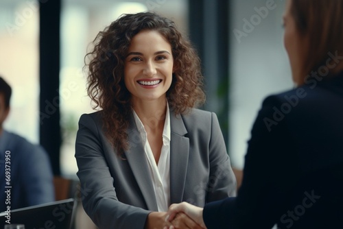 Generative AI : mid aged business woman manager handshaking greeting client in office
