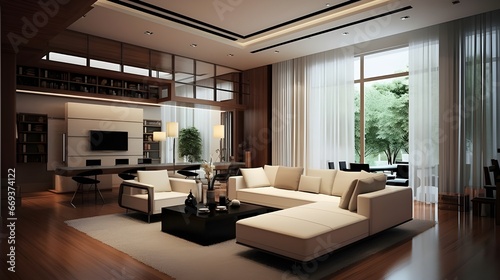 modern minimalist living room design with black and white furniture, in the style of delicately rendered landscapes, richly layered, realistic detailing, primitivist style, fine and detailed, luminous