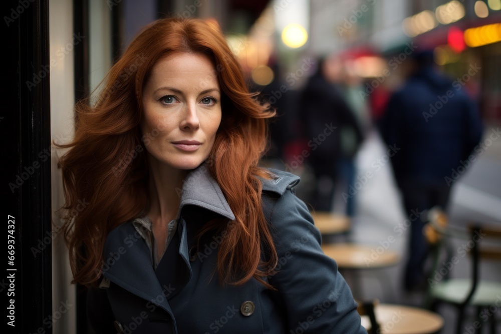 Portrait of a beautiful redhead woman in a street cafe. Portrait of a beautiful redhead woman in a street cafe.