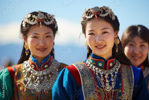 Generative AI : Three women in traditional clothes during Naadam, in Ulan Bataar, Mongolia.