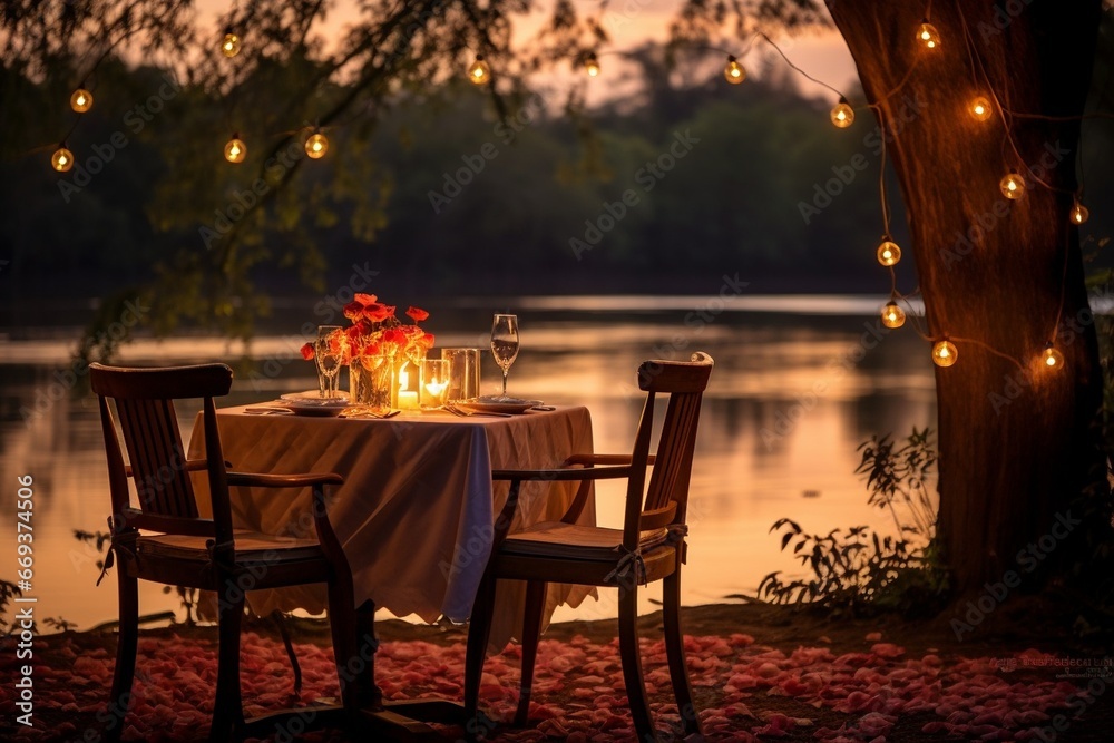 Generative AI : Beautiful table setting for romantic date near river