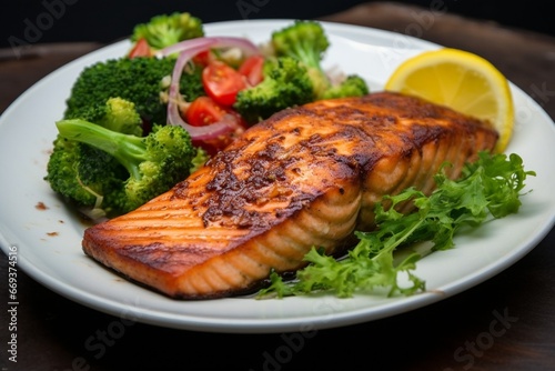 Generative AI : Salmon fish fillet grilled and fresh tomato salad with red onion and broccoli.