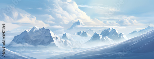 Illustration of a snow mountain in a white, cold environment. Perfect for use as a banner or background with ample copy space. © L.S.