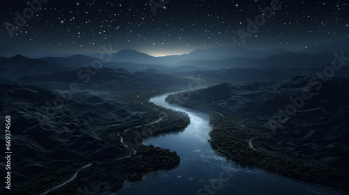A river meanders through the darkness, the stars twinkling like tiny diamonds