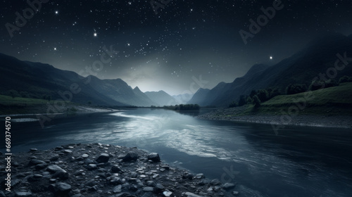 A river meanders through the darkness, the stars twinkling like tiny diamonds