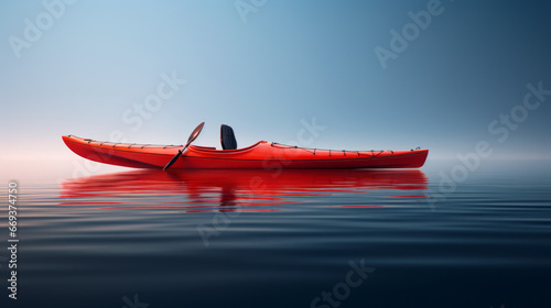 A red kayak bobbing in calm waters, a paddle resting in the seat