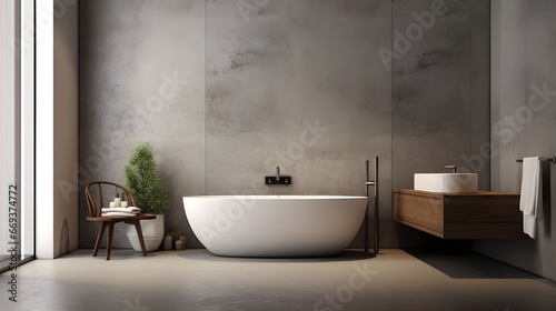 in the middle of the image a grey wall and black tub are in view, in the style of matte background, luminous quality, delicate washes, dark orange and beige, industrial design, eco-friendly craftsmans