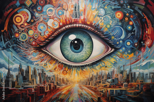 A surreal illustration of a close-up of an eye over a colorful city landscape.