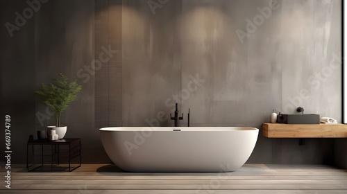 in the middle of the image a grey wall and black tub are in view  in the style of matte background  luminous quality  delicate washes  dark orange and beige  industrial design  eco-friendly craftsmans