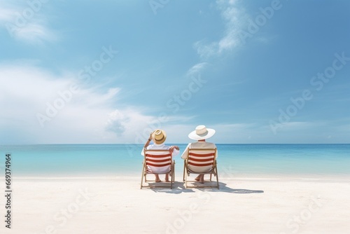 Generative AI : senior couple on the beach, couple sitting on chairs on the beach