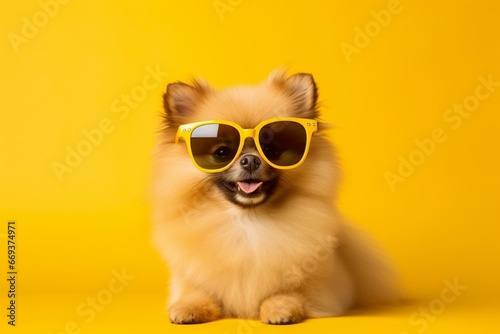 Generative AI : A pomeranian spitz puppy is wearing sunglasses. Pomeranian dog with blue backdrop and copy space. © The Little Hut