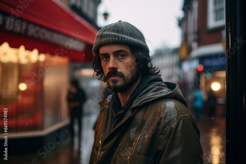 Handsome bearded hipster man with long beard and moustache in a raincoat on a rainy day.