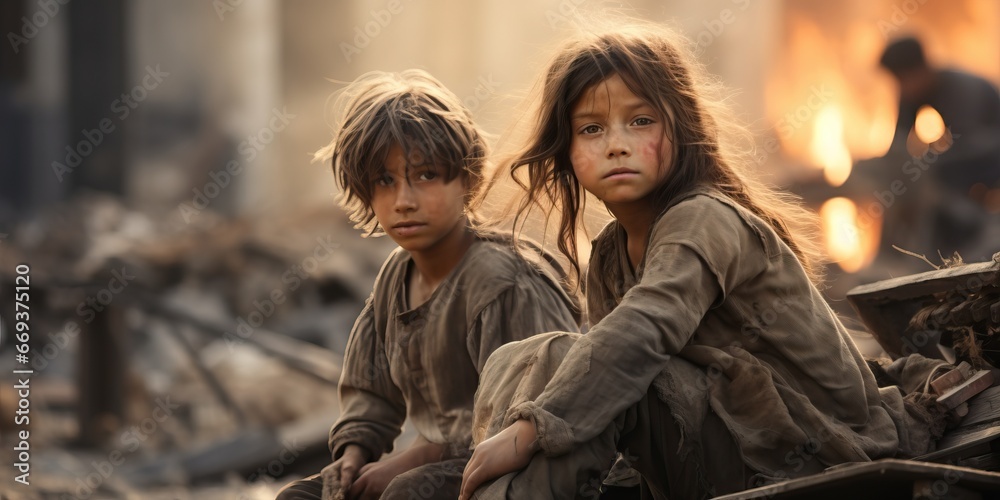 Children Amidst War-Torn Desolation