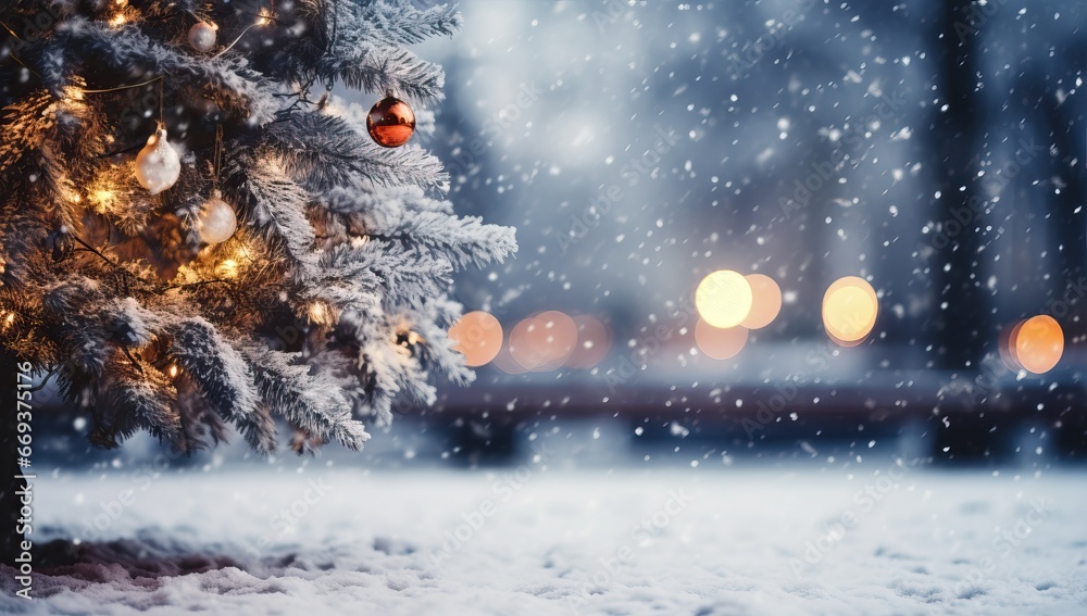 Christmas and New Year holidays background. Christmas tree with bokeh lights and snowfall Christmas and New Year holidays background. Christmas tree with bokeh lights and snowfall