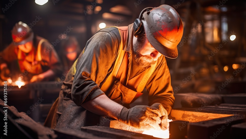 Steel Worker Handling Molten Metal in Foundry