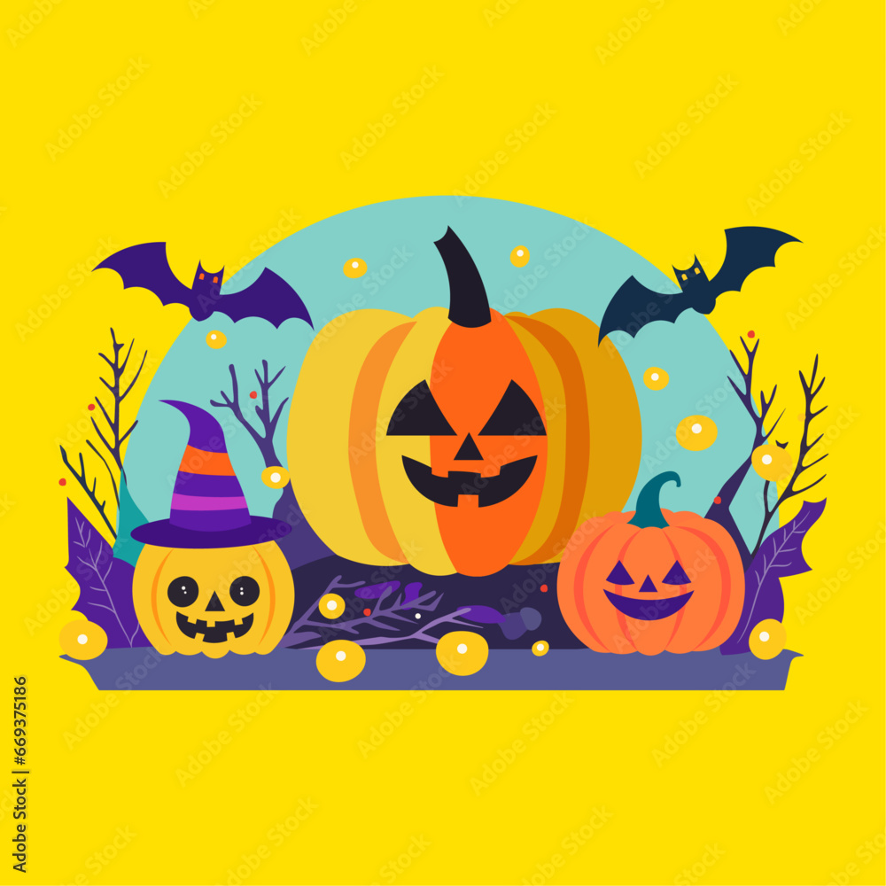 Halloween Pumpkins and Bats Illustration Halloween Pumpkins and Bats Illustration
