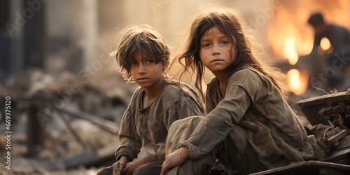 Children Amidst War-Torn Desolation © Meow Creations