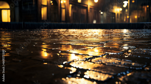 A rain puddle reflecting the dim streetlights, forming an eerie shimmer