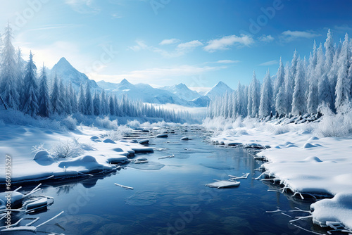 a river in the middle of a snowy landscape with trees and snow - covered rocks on either side of it