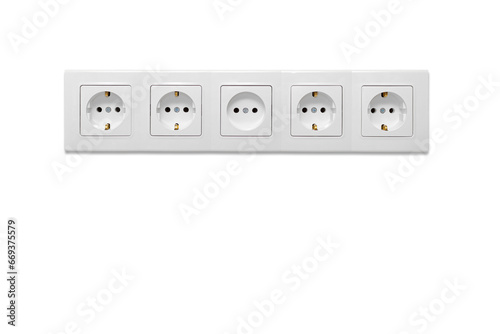 White five-way wall power socket on white background
