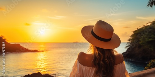 Woman watching sunset at tropical beach