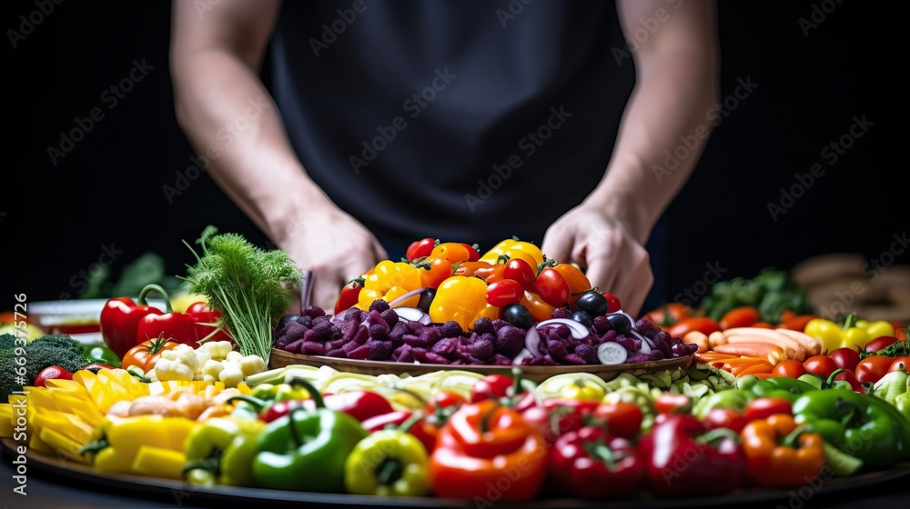 Preparing Colorful Vegetable Platter in Kitchen