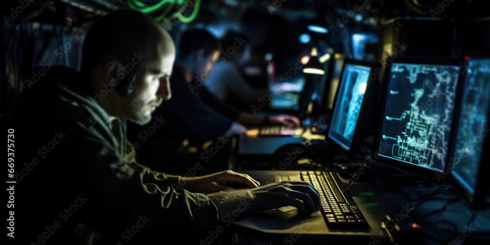 Soldiers analyze enemy forces in military command center Soldiers analyze enemy forces in military command center