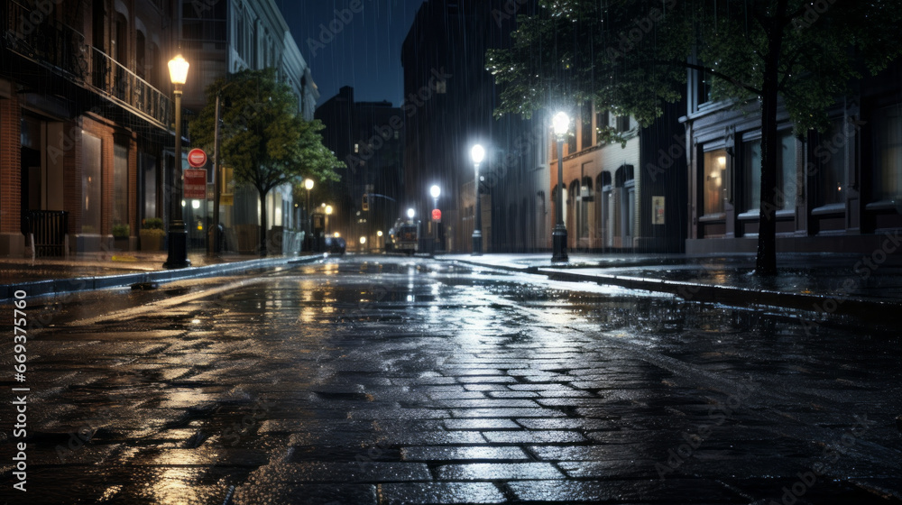 A rain-soaked street is illuminated by a streetlamp, the light reflecting off the puddles below