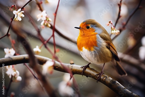 Generative AI : Small robin bird sitting on the branch of a tree © The Little Hut