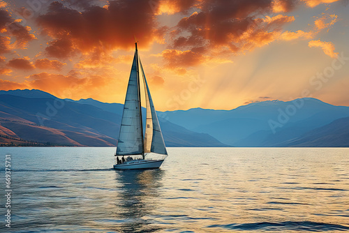 a sailboat in the water with mountains in the background and sun shining through the clouds over the mountain range
