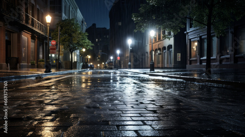 A rain-soaked street is illuminated by a streetlamp, the light reflecting off the puddles below