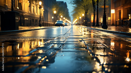 A rain-soaked street is illuminated by a streetlamp, the light reflecting off the puddles below