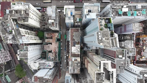 Drone aerial shot city Skyview in Nathan Road Tsim Sha Tsui Mong Kok Jordan Austin Yau Ma Tei Central Hong Kong , a commercial hub with the financial of the Victoria Harbour