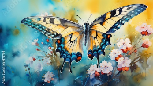 A beautiful watercolor of a butterfly on a flower with a soft yellow background. AI Generative