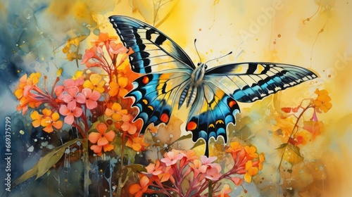 Fototapeta Naklejka Na Ścianę i Meble -  A beautiful watercolor of a butterfly on a flower with a soft yellow background. AI Generative